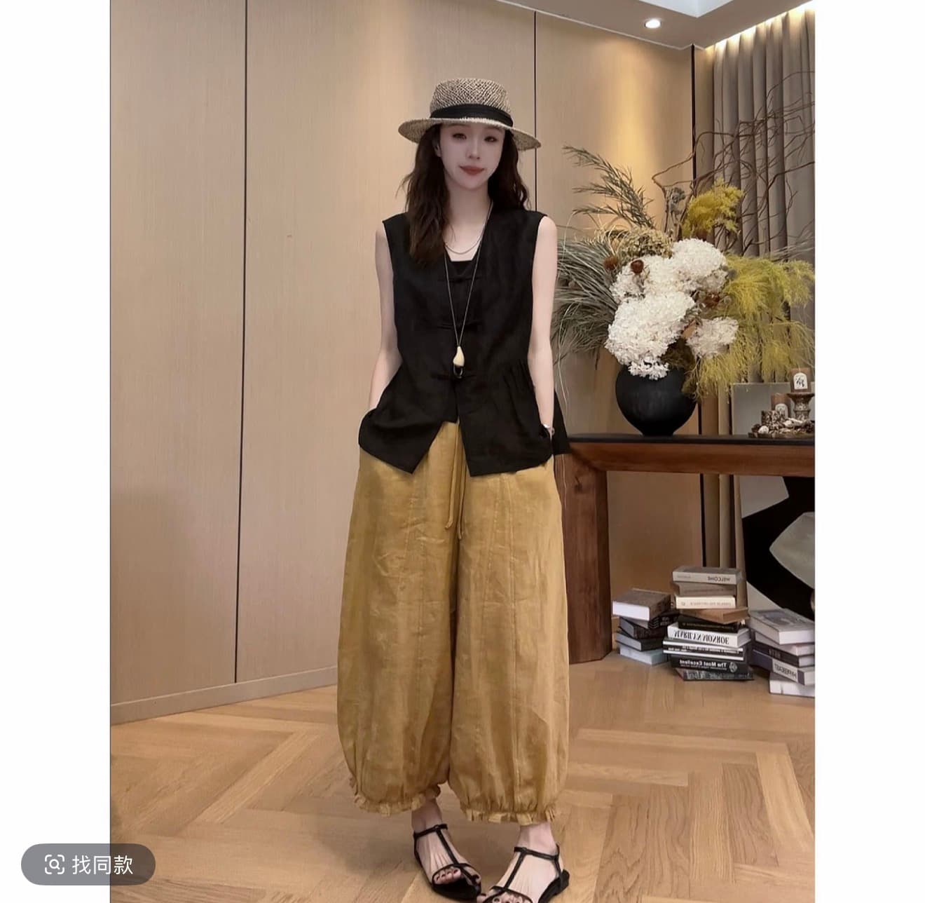 작은 조용한 잠시 어둠 곡물 단추 베스트 2026 여름 새로운 다용도 V넥 맨위 배기 바지 이미지 4
