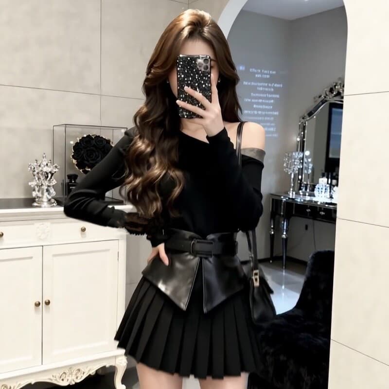 프랑스식 로얄 자매 바람 검정색 비스듬한 칼라 오프숄더 긴팔 여성 드레스 가을 겨울 품격 허리 수축 슬림해 보이는 플리츠 짧은 치마 이미지 3