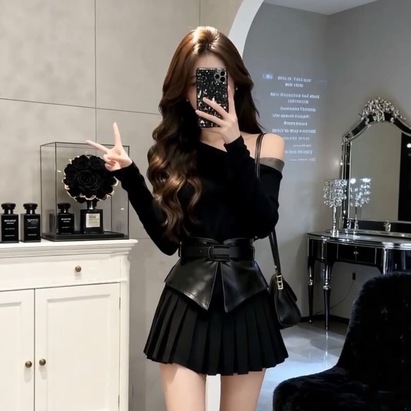 프랑스식 로얄 자매 바람 검정색 비스듬한 칼라 오프숄더 긴팔 여성 드레스 가을 겨울 품격 허리 수축 슬림해 보이는 플리츠 짧은 치마 이미지 5