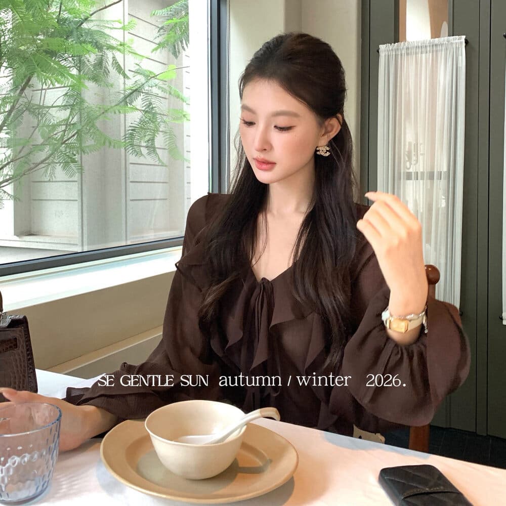 2026 이른 가을 새로운 프랑스식 부드러운 바람 V넥 레이스업 긴팔 셔츠 디자인 센스 슬림해 보이는 품격 쉬폰 톱 이미지 3