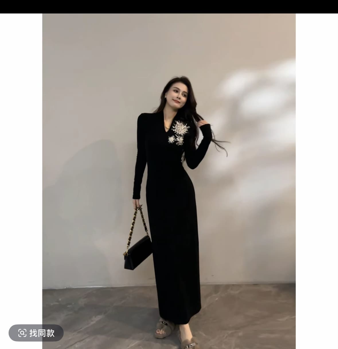 고급 센스 품격 꽃 자수 V넥 여성 드레스 가을 겨울 2025 새로운 프랑스식 품격 하이웨이스트 롱 스커트 상세 이미지 2