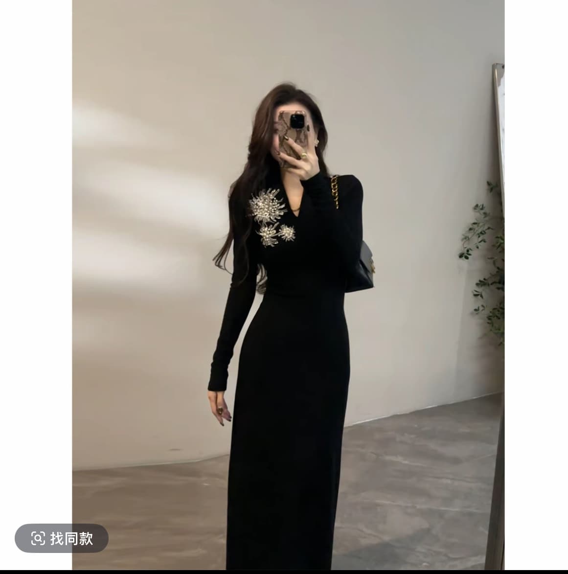 고급 센스 품격 꽃 자수 V넥 여성 드레스 가을 겨울 2025 새로운 프랑스식 품격 하이웨이스트 롱 스커트 상세 이미지 3