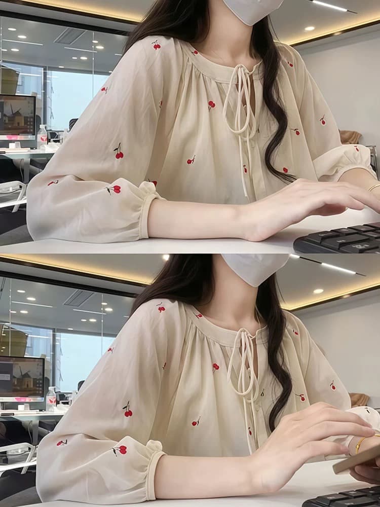 나비 넥타이 체리 프린트 자외선 차단 셔츠 셔츠 여성 여름 2026 새로운 에어컨 블라우스 프랑스식 맨위 이미지 2