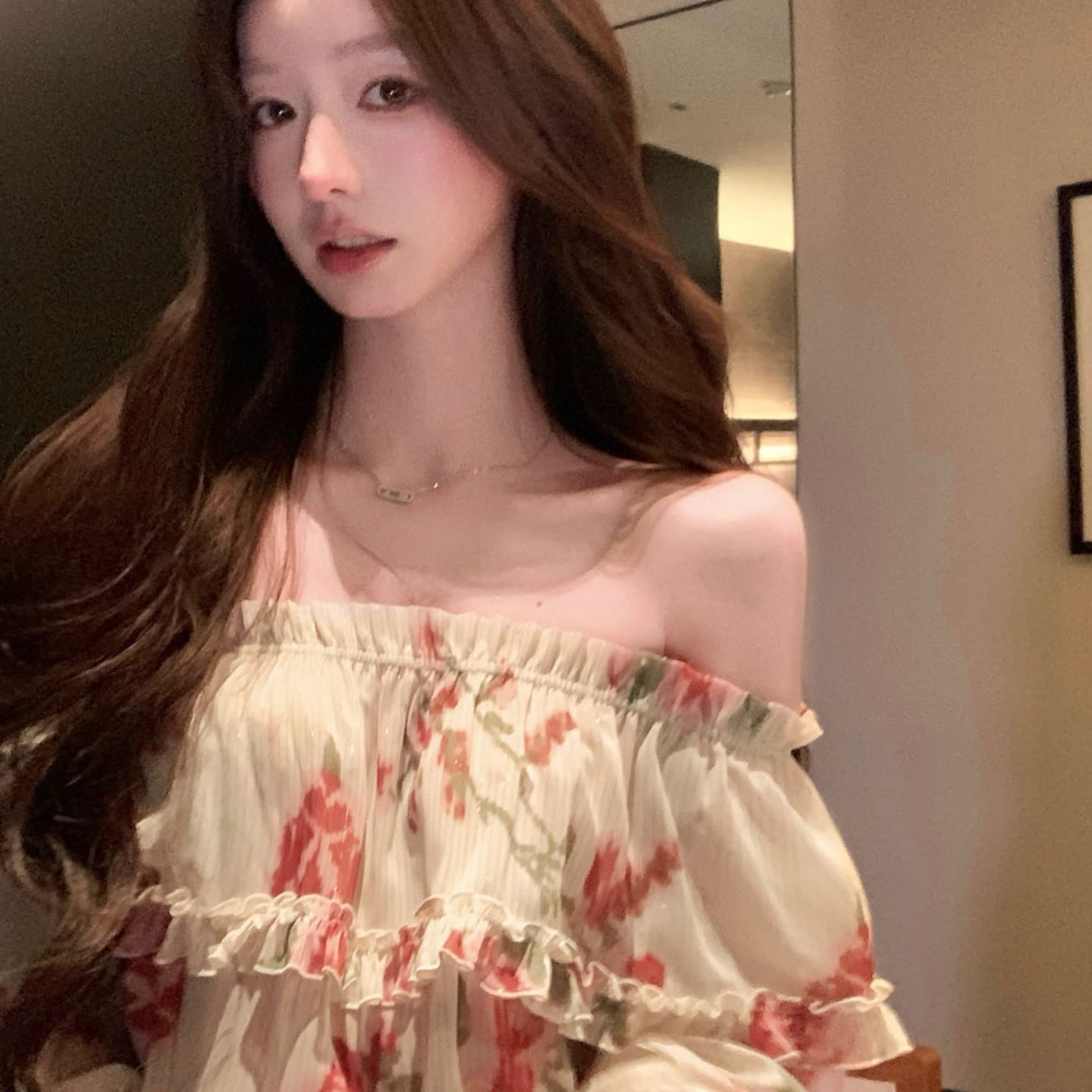 가을 신제품 열정적 인 시간 장미 오프숄더 시폰 셔츠 여성 가을 레트로 루즈핏 슬림해 보이는 맨위 상세 이미지 3
