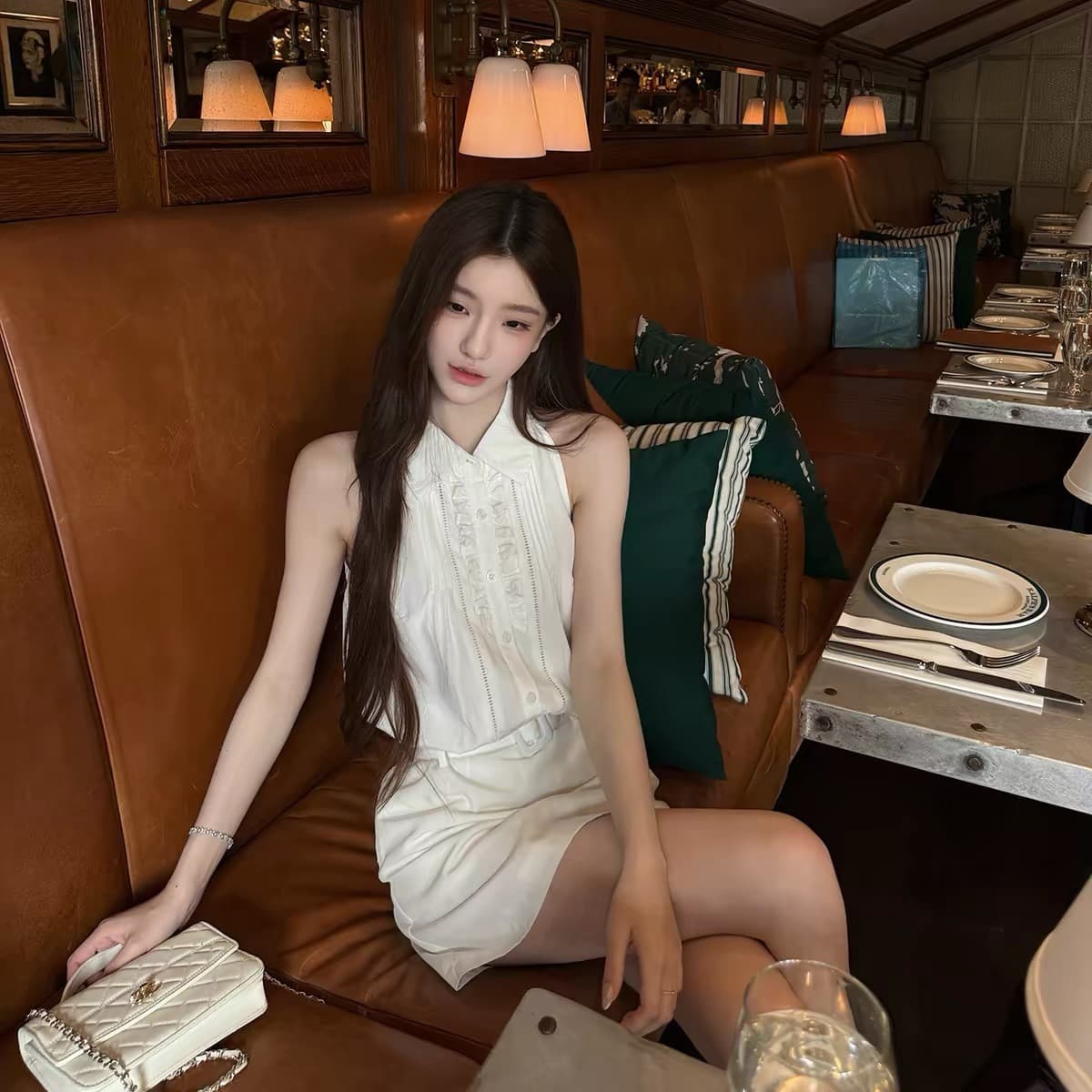 yiyiwang95.6 주간 실크 4.4 마 릴리 달콤한 순수한 프릴 민소매 폴로 칼라 드레스 이미지 5