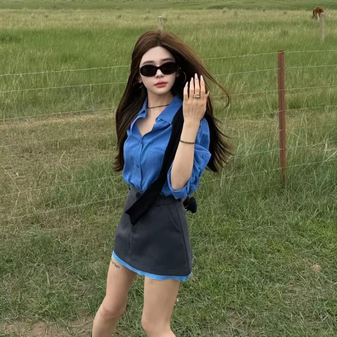 쌀 Na 홈 새로운 초원 Na 주간 너무 김치 맞춤 셔츠 숄 회색 블루 측면 정장 반 스커트 세트 상세 이미지 1