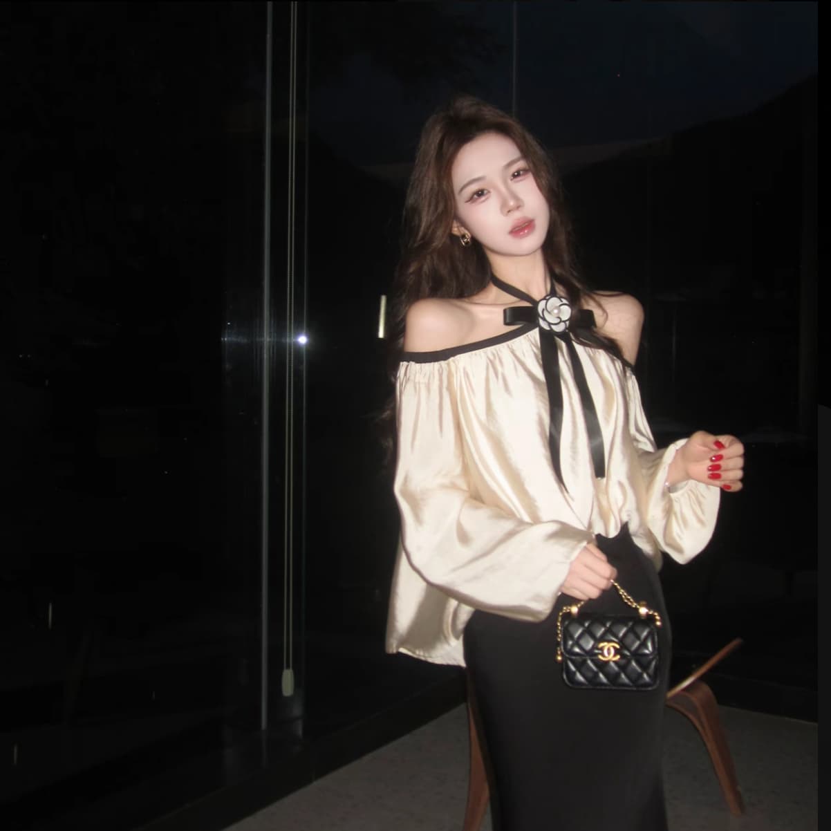 무쯔리 목자이 ~ 중 리 밤 머리말 송곳니 부드러운 빛 럭셔리 바람 오프숄더 행침 목 나비 매듭 긴팔 맨위 새틴 반 스커트 세트 이미지 2
