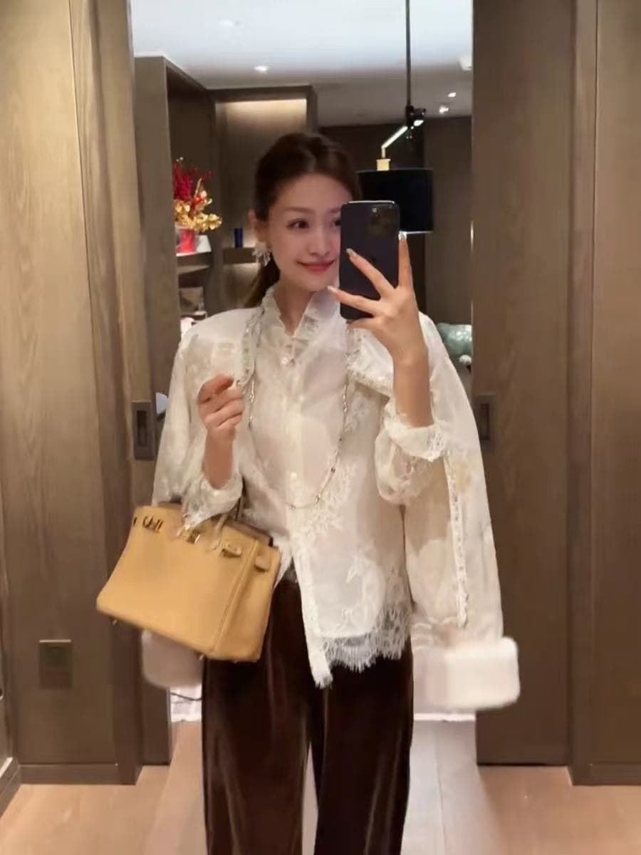 프랑스식 무거운 작업 레이스 조각 여성 셔츠 2026 봄 고급 센스 프릴 루즈핏 다용도 긴팔 맨위 트렌디 이미지 2