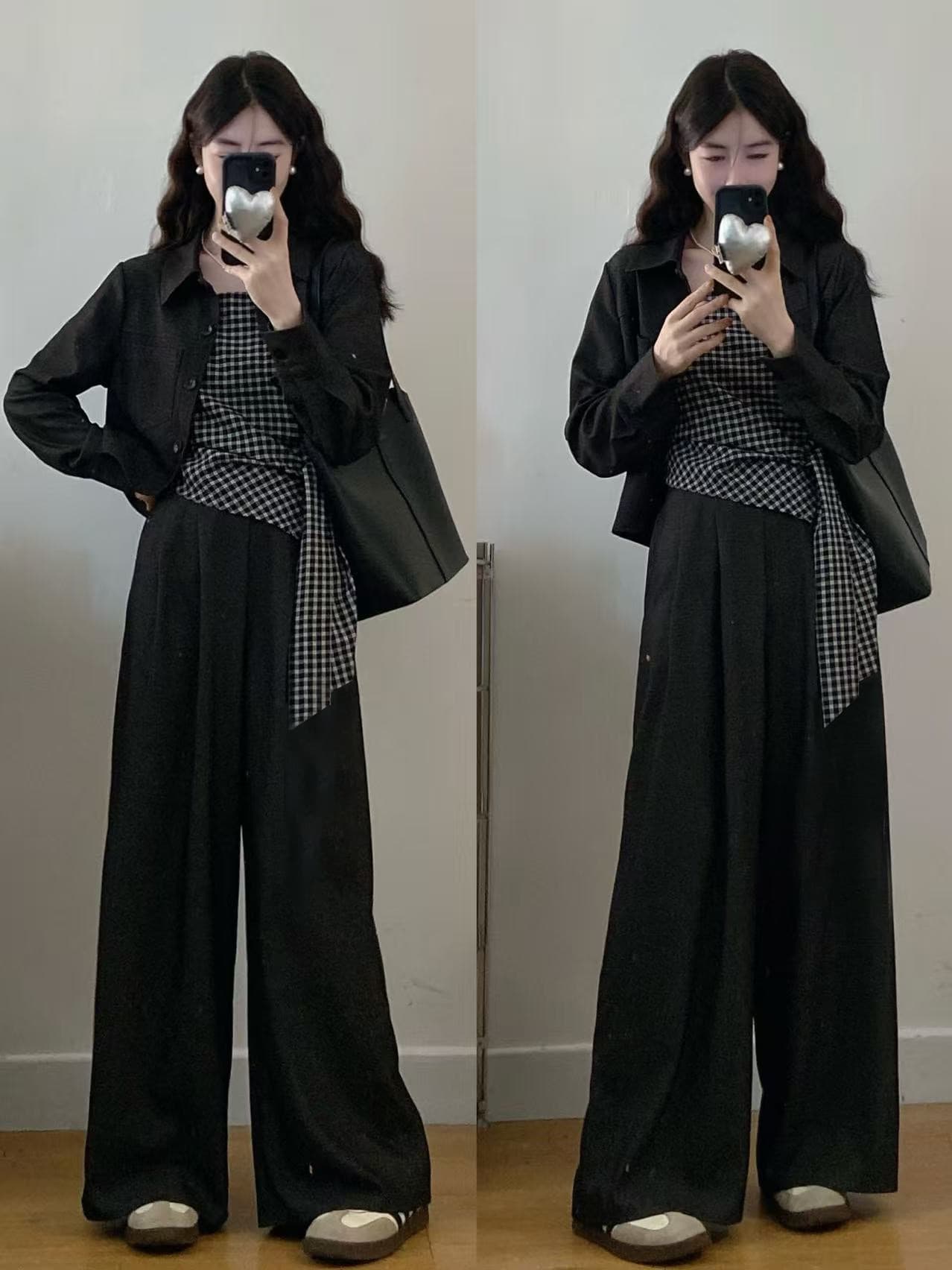 품격 캐주얼 셔츠 체크무늬 슬립 긴 바지 세트 여성 봄 가을 관대 한 점잖은 착용 가져 가라. 인기 폭발 3종 세트 이미지 3