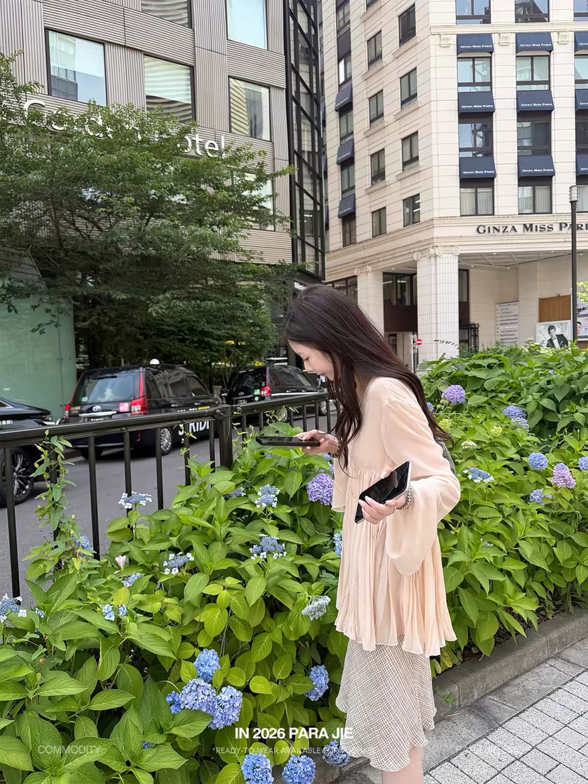 para jie 시 지에 구름 밀가루 도루 계곡 V넥 플리츠 부드러운 시폰 셔츠 여성 여름 수확 Pleat 나팔 긴팔 맨위 이미지 2
