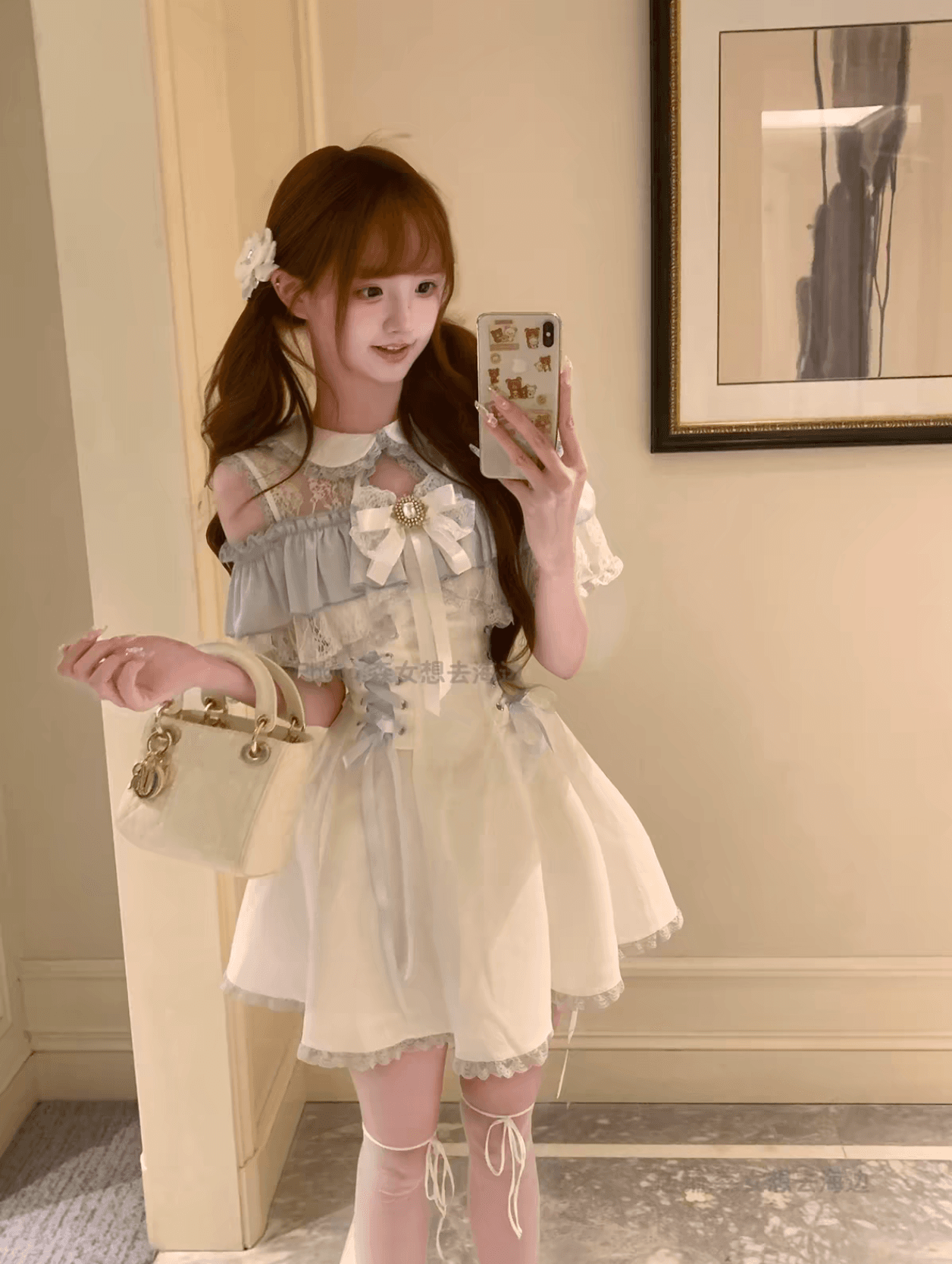 모리 소녀 오리지널 가고 싶다. 해변가 얼음 블루 달콤한 꿈 클리어 부서 봄 여름 베이비 칼라 오프숄더 드레스 상세 이미지 2