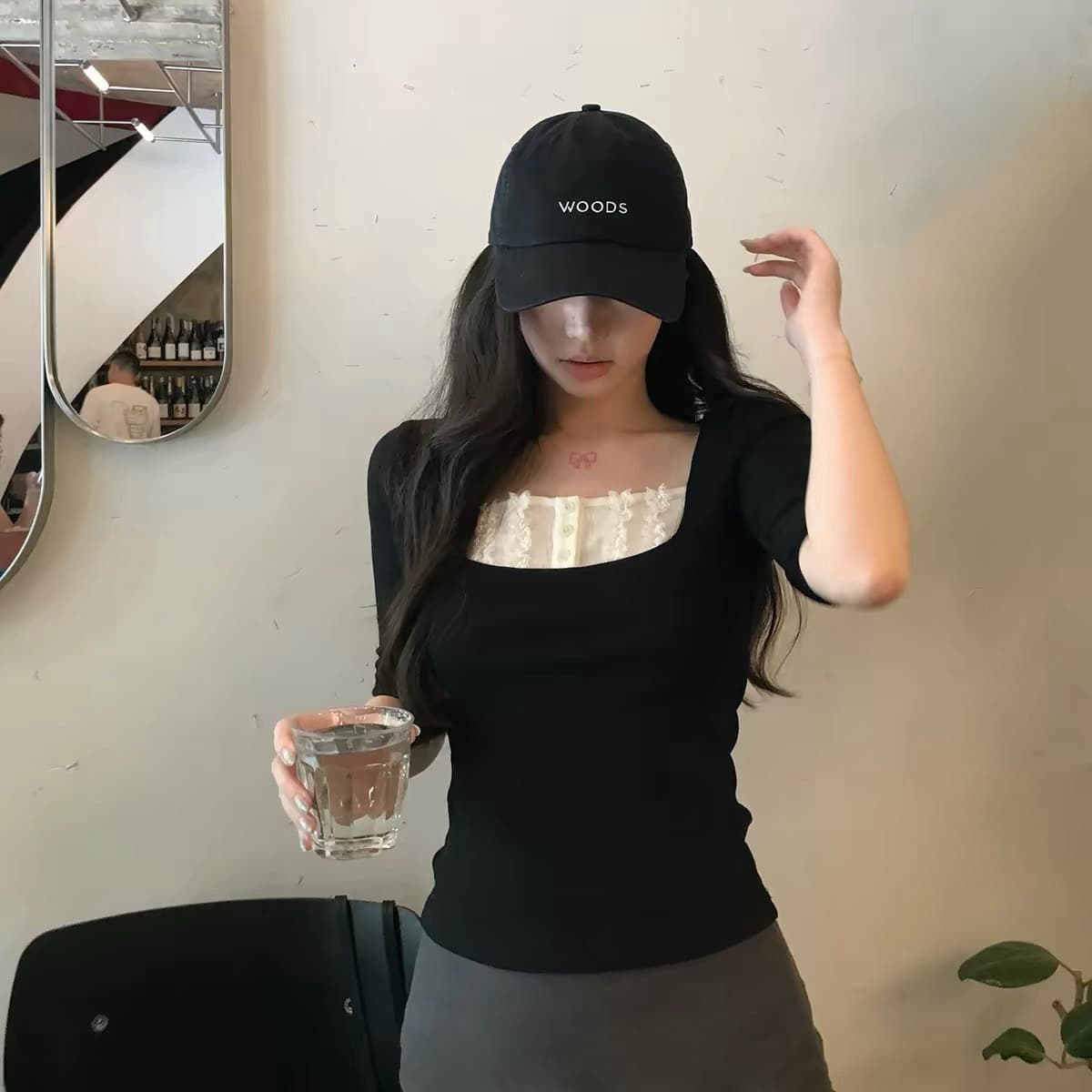 sheepland 작은 한 수식 레이스 페이크 레이어드 모달 니트 티셔츠 여성 이른 가을 반소매 슬림해 보이는 맨위 이미지 5