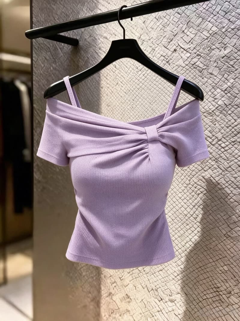 보존 섹션 추천 보라색 오프숄더 비틀림 슬립 반팔 티셔츠 여성 여름 새로운 슈퍼 잘 생긴 슬림해 보이는 맨위 이미지 2