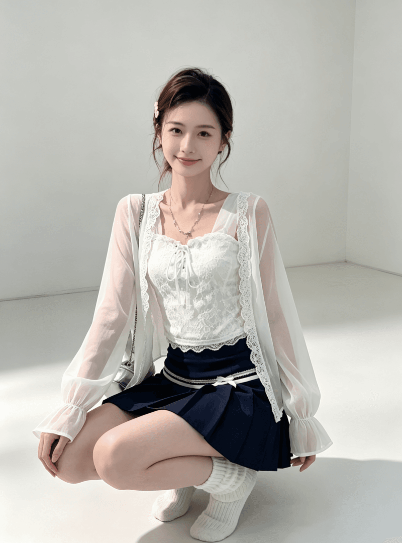 2026 이른 가을 새로운 화이트 레이스 슬립 쉬폰 자외선 차단 오픈 가디건 해군 플리츠 미니 스커트 3종 세트 이미지 4