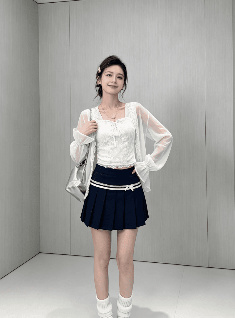 2026 이른 가을 새로운 화이트 레이스 슬립 쉬폰 자외선 차단 오픈 가디건 해군 플리츠 미니 스커트 3종 세트 이미지 3