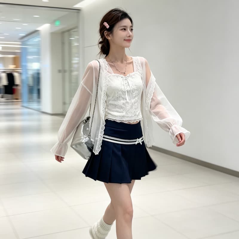 2026 이른 가을 새로운 화이트 레이스 슬립 쉬폰 자외선 차단 오픈 가디건 해군 플리츠 미니 스커트 3종 세트 이미지 5