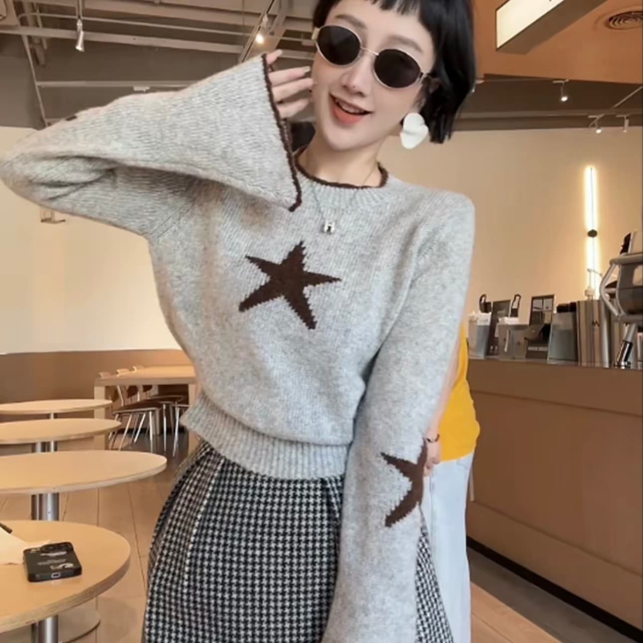 한 부서 귀여운 나팔 소매 펜타곤 별 니트 스웨터 여성 새로운 패션 품격 연령 감소 작은 대중 다용도 맨위 여성 상세 이미지 2