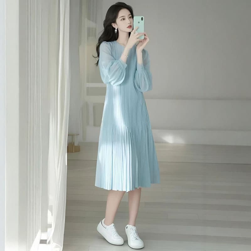 2026 가을 슈퍼 화재 착용 가져 가라. 고급 센스 부드러운 바람 품격 연령 감소 스트라이프 드레스 마이크로 지방 mm 슬림해 보이는 롱 스커트 상세 이미지 3