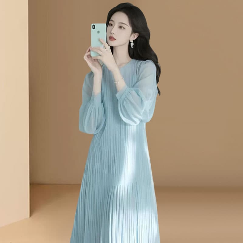 2026 가을 슈퍼 화재 착용 가져 가라. 고급 센스 부드러운 바람 품격 연령 감소 스트라이프 드레스 마이크로 지방 mm 슬림해 보이는 롱 스커트 상세 이미지 4