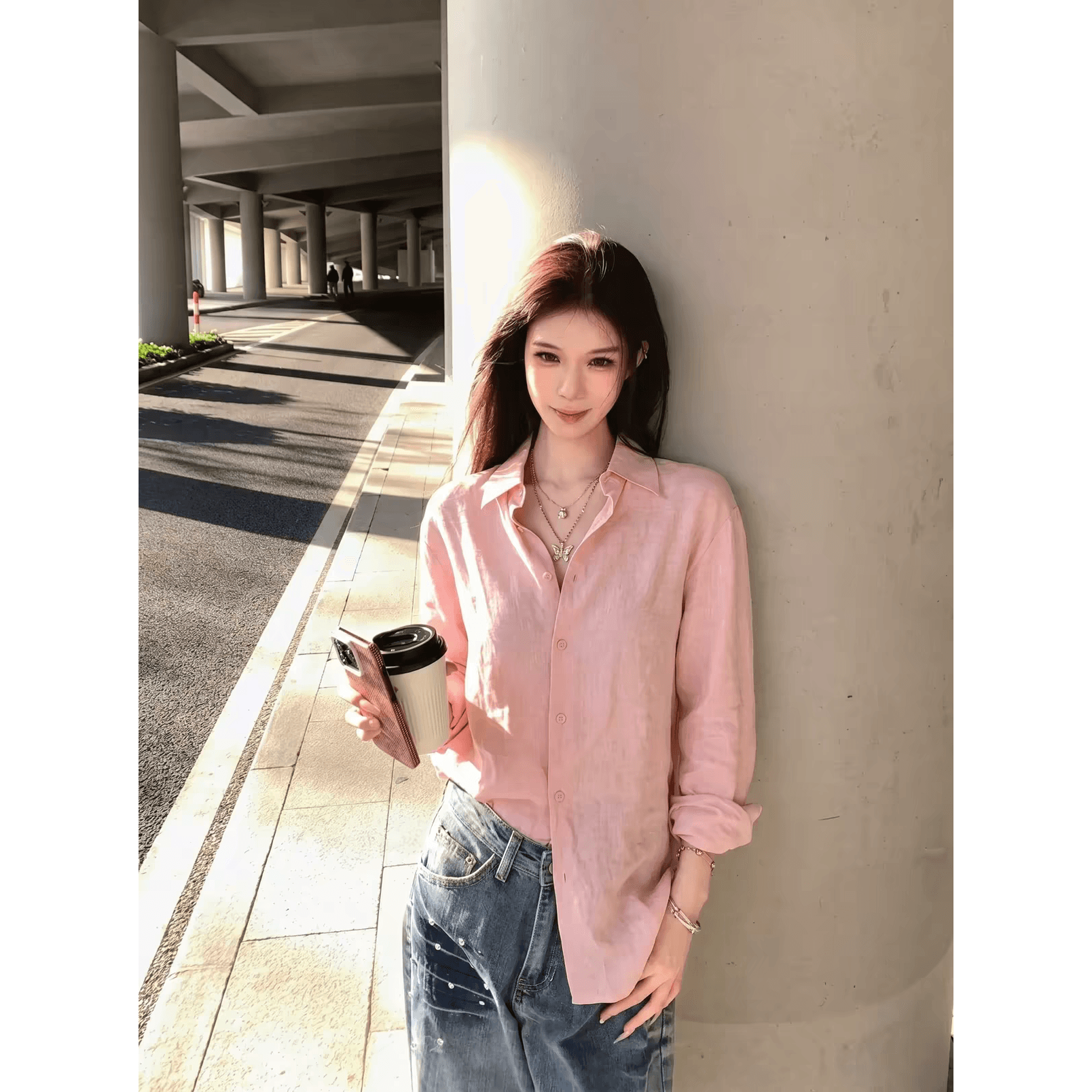 한 부서 핑크색 POLO 칼라 긴팔 여성 셔츠 아마 느슨함 센스 루즈핏 오래된 돈 바람 캐주얼 품격 맨위 상세 이미지 3