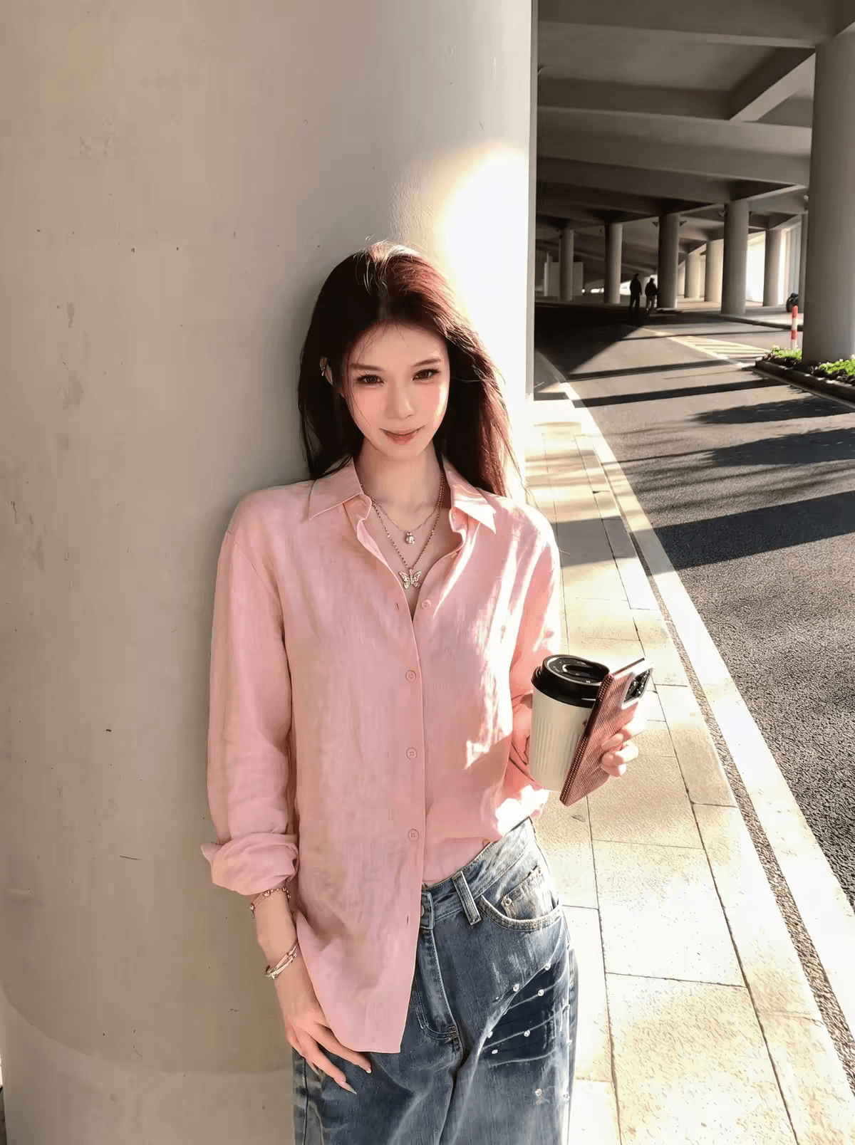 한 부서 핑크색 POLO 칼라 긴팔 여성 셔츠 아마 느슨함 센스 루즈핏 오래된 돈 바람 캐주얼 품격 맨위 상세 이미지 4