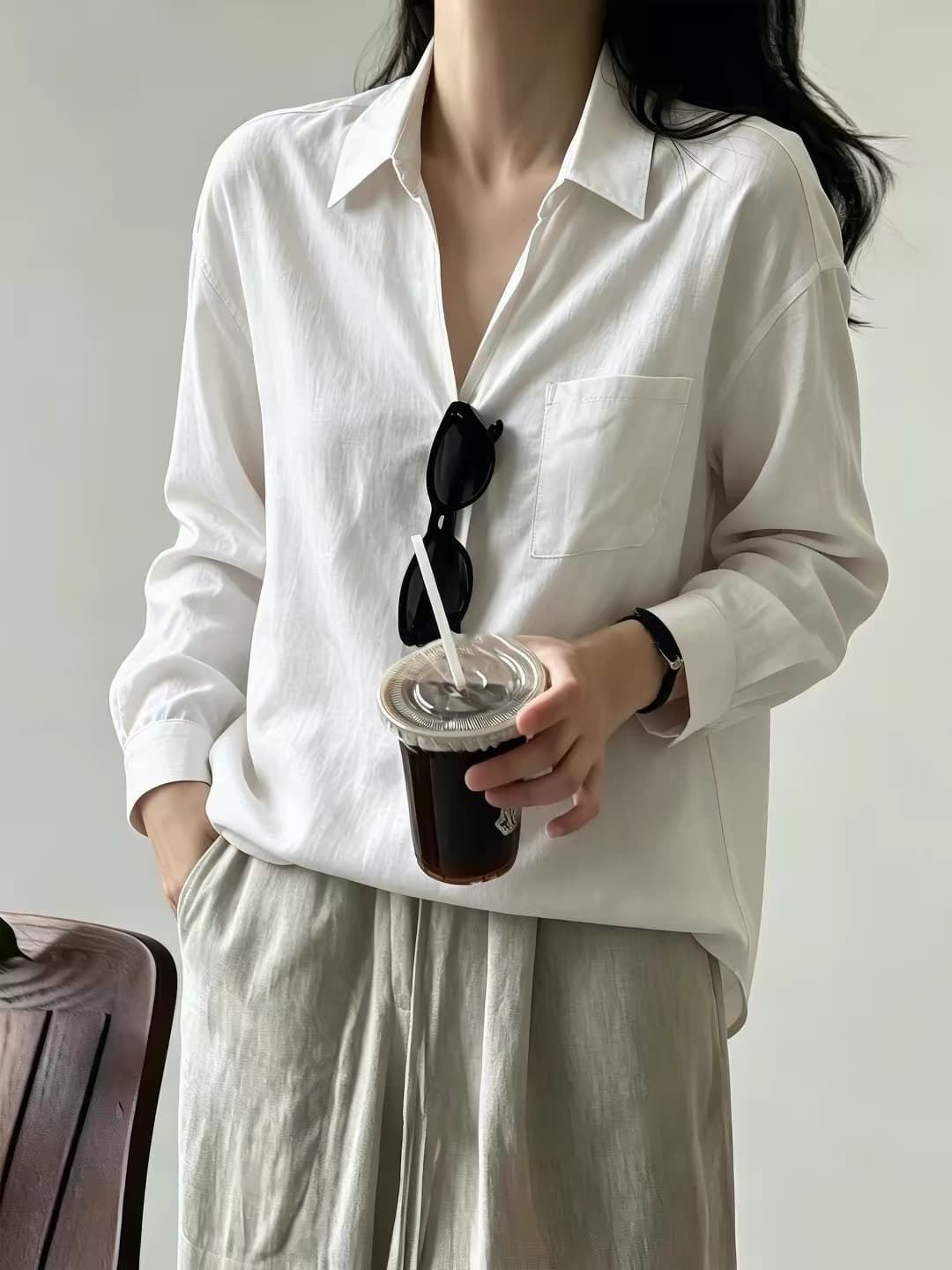 오래된 돈 바람 레트로 라미 V넥 자외선 차단 긴팔 여성 셔츠 여름 캐주얼 루즈핏 다용도 출퇴근 셔츠 맨위 상세 이미지 2