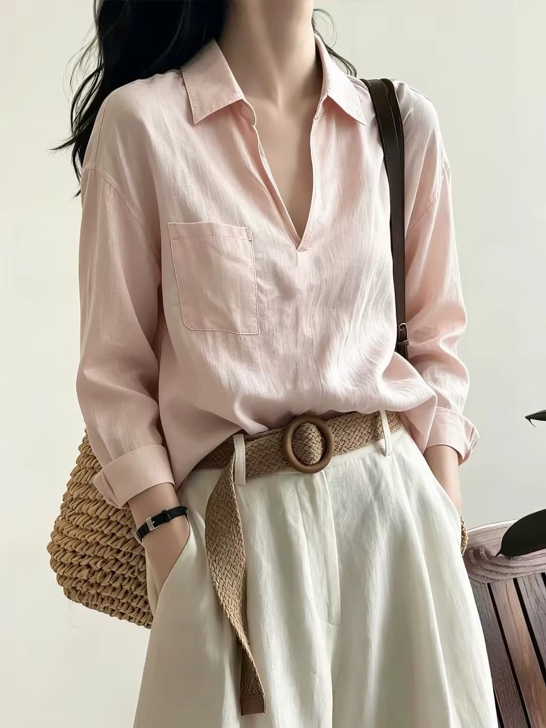 오래된 돈 바람 레트로 라미 V넥 자외선 차단 긴팔 여성 셔츠 여름 캐주얼 루즈핏 다용도 출퇴근 셔츠 맨위 상세 이미지 3