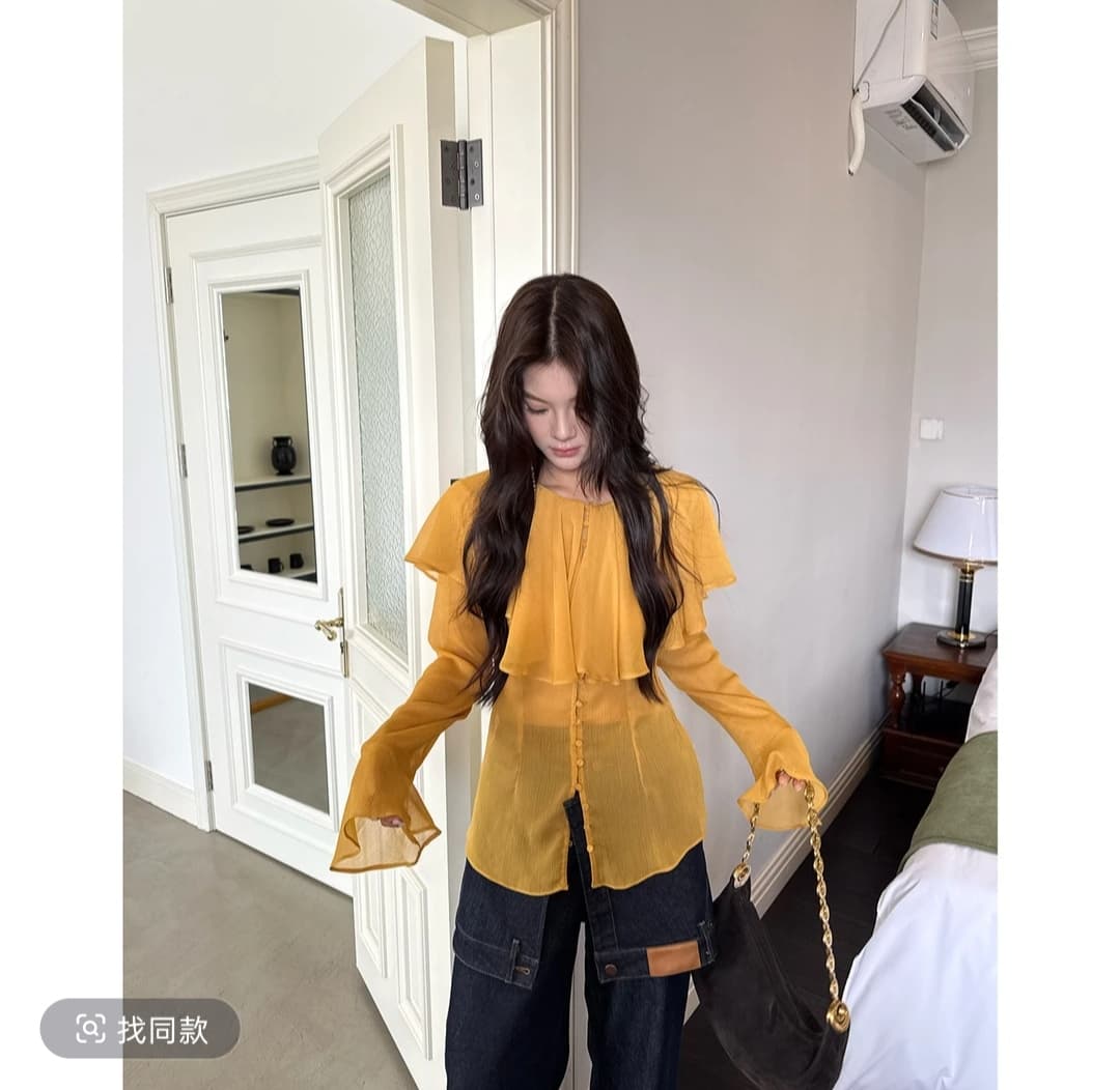 mar 프랑스식 부드러운 바람 황색 프릴 셔츠 여성 긴 소매 자외선 차단 슬림해 보이는 품격 연령 감소 맨위 이미지 4