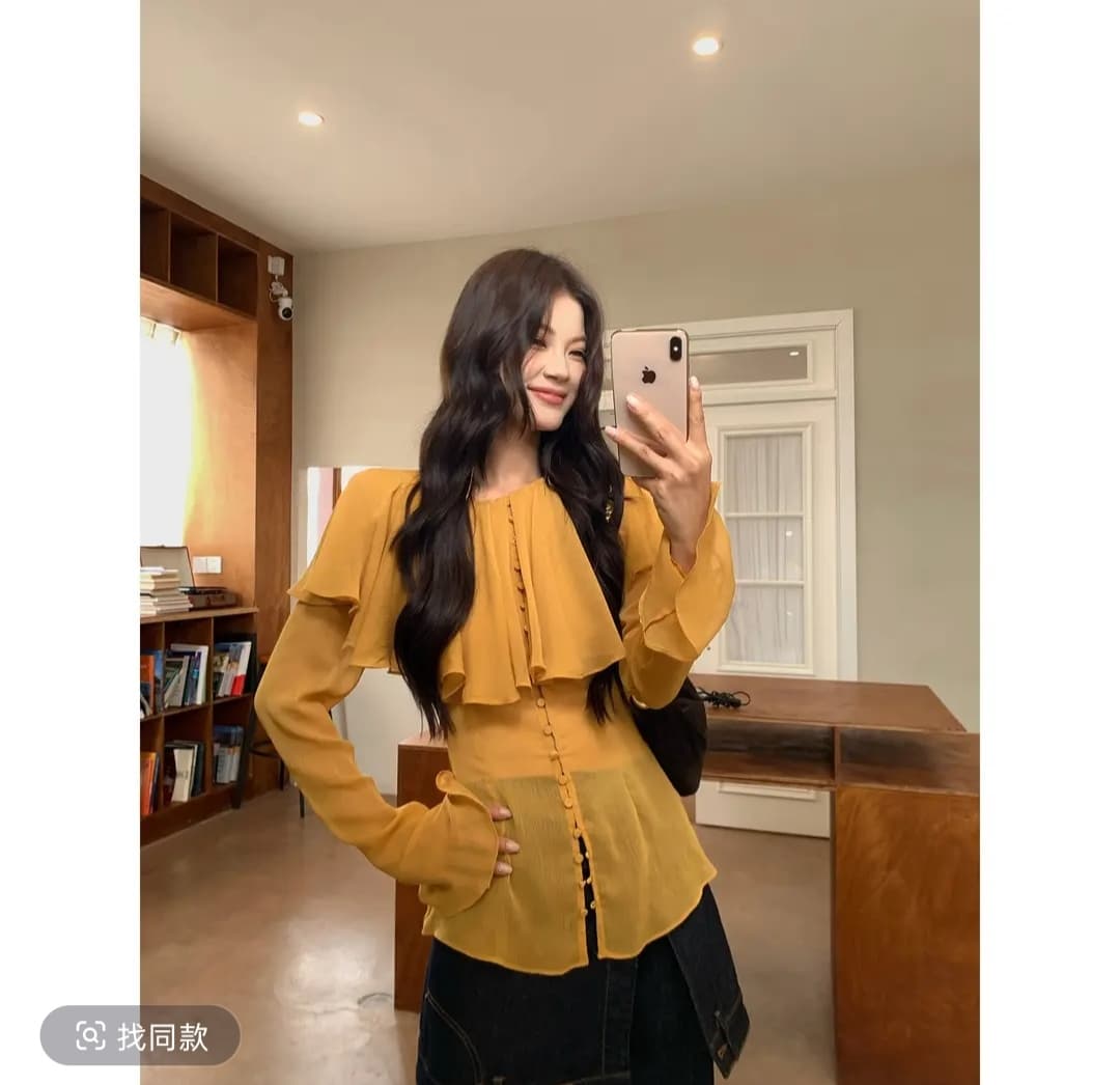 mar 프랑스식 부드러운 바람 황색 프릴 셔츠 여성 긴 소매 자외선 차단 슬림해 보이는 품격 연령 감소 맨위 이미지 2