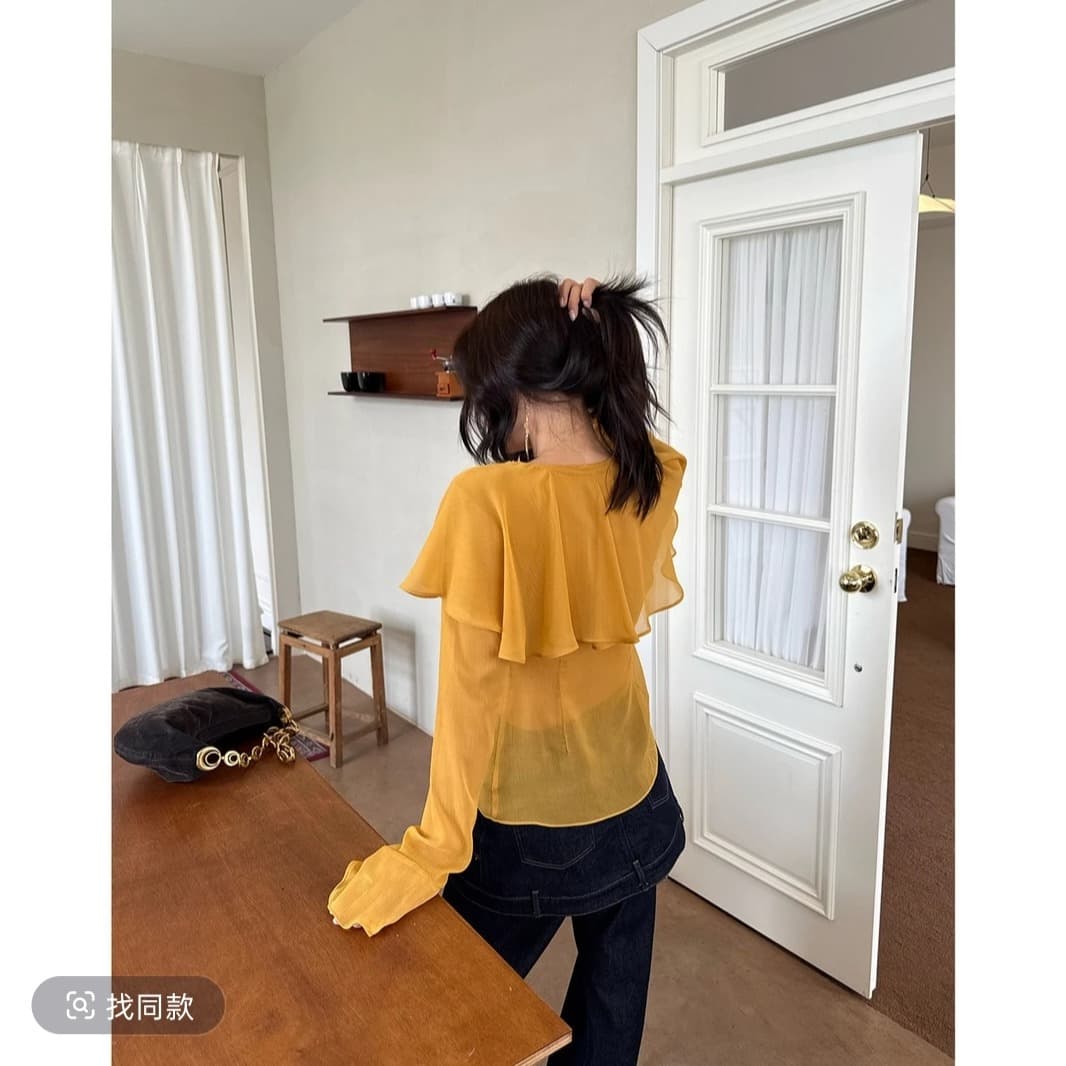 mar 프랑스식 부드러운 바람 황색 프릴 셔츠 여성 긴 소매 자외선 차단 슬림해 보이는 품격 연령 감소 맨위 이미지 5