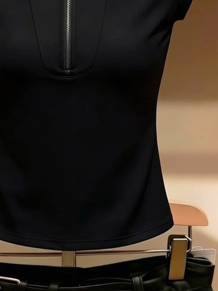 선전 남쪽 기름 고급 여성 의류 디자인 센스 검정색 반 개방 금속 지퍼 스탠드 칼라 민소매 티셔츠 여성 셔츠 여름 상세 이미지 4