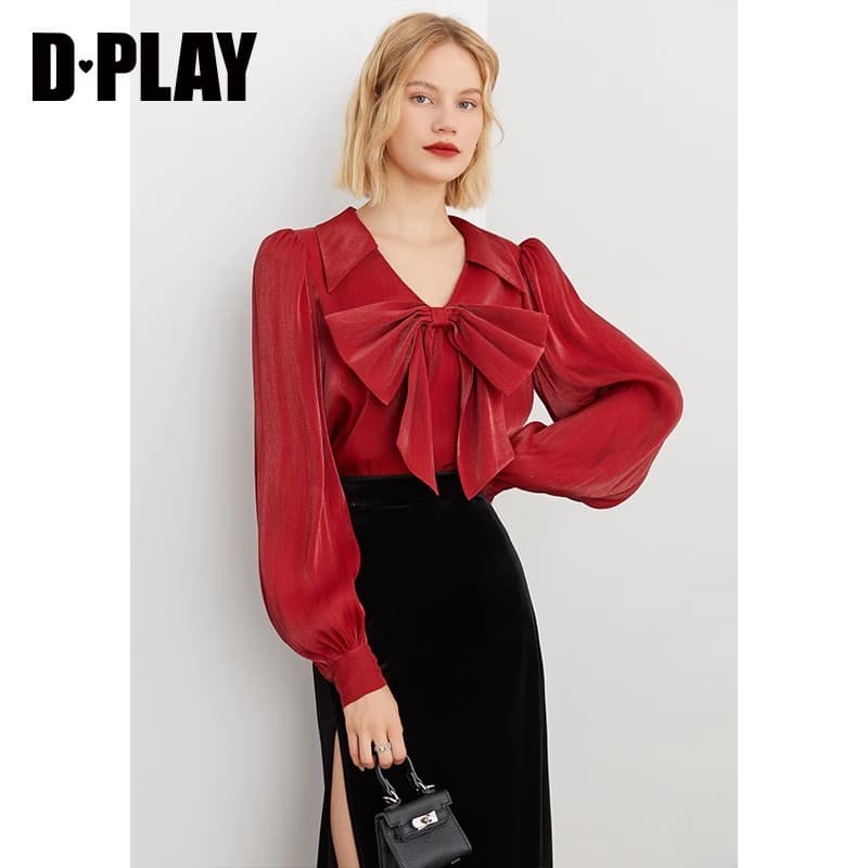 dplay2026 가을 계절 프랑스식 달콤함 빨간색 V넥 나비 매듭 셔츠 암퇘지 빛 실 도루 센스 여성 셔츠 이미지 2