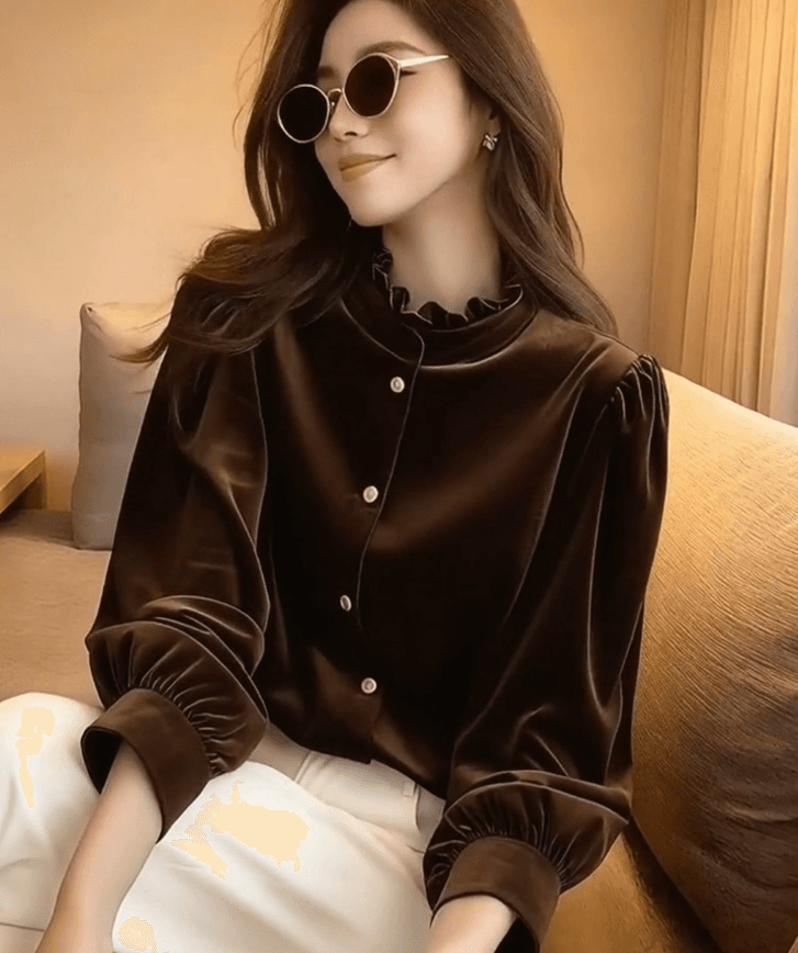 새로운 중식 레트로 스탠드 칼라 단추 검정색 벨벳 여성 셔츠 겨울 새로운 국풍 패션 루즈핏 슬림해 보이는 맨위 이미지 2