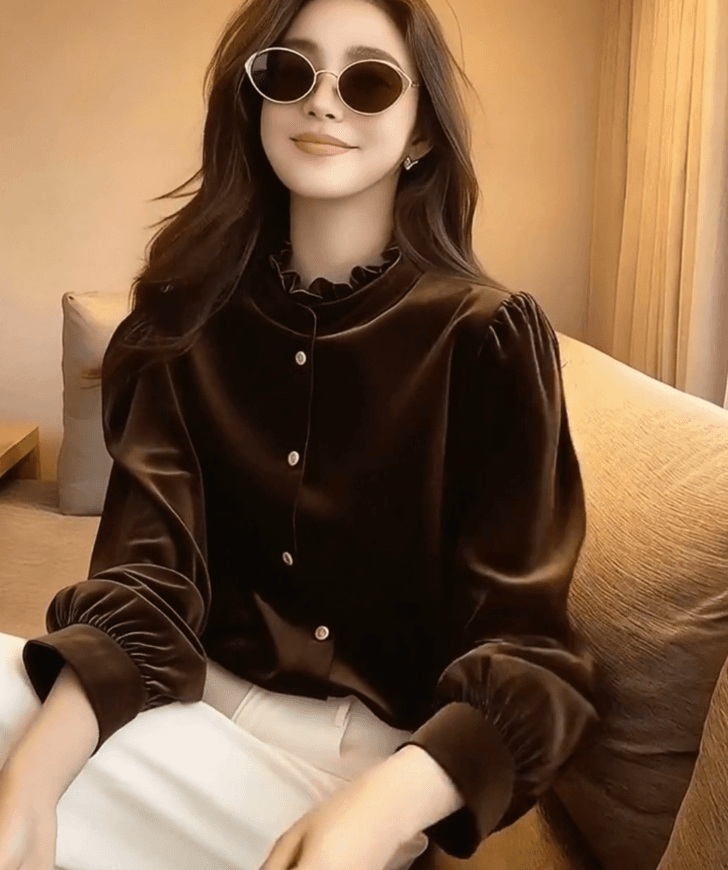 새로운 중식 레트로 스탠드 칼라 단추 검정색 벨벳 여성 셔츠 겨울 새로운 국풍 패션 루즈핏 슬림해 보이는 맨위 이미지 3