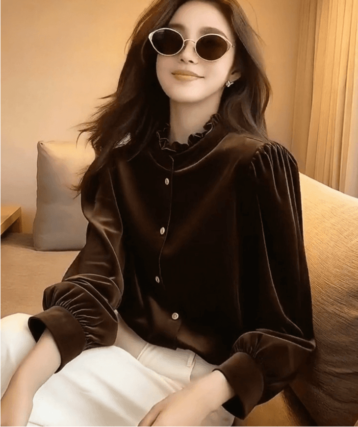 새로운 중식 레트로 스탠드 칼라 단추 검정색 벨벳 여성 셔츠 겨울 새로운 국풍 패션 루즈핏 슬림해 보이는 맨위 상세 이미지 2