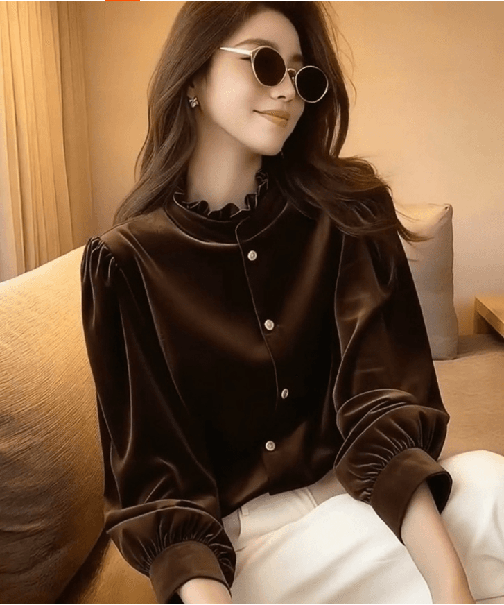 새로운 중식 레트로 스탠드 칼라 단추 검정색 벨벳 여성 셔츠 겨울 새로운 국풍 패션 루즈핏 슬림해 보이는 맨위 상세 이미지 3