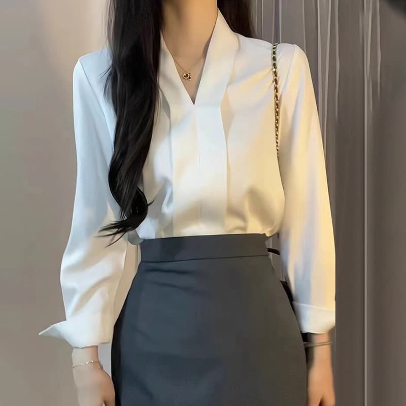 화이트 긍정적 인 로드 중 V넥 비즈니스웨어 여성 셔츠 여름 고급 센스 품격 직장 빛 요리 한 바람 여성 의류 출퇴근 맨위 이미지 5