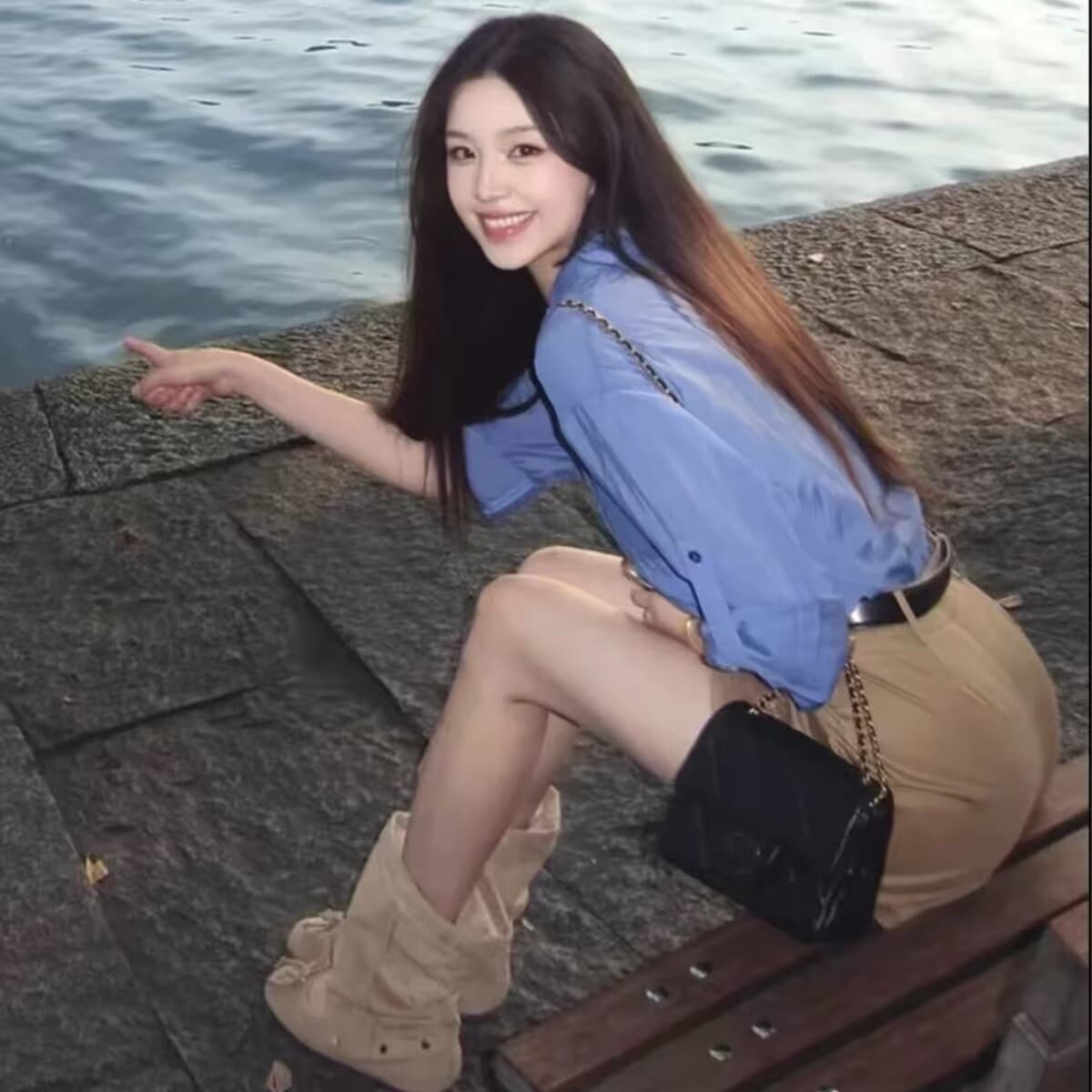 고급 센스 톰 글 래 원인 블루 긴팔 여성 셔츠 여름 루즈핏 자외선 차단 셔츠 재킷 카키 색 미니 스커트 투피스 세트 이미지 5
