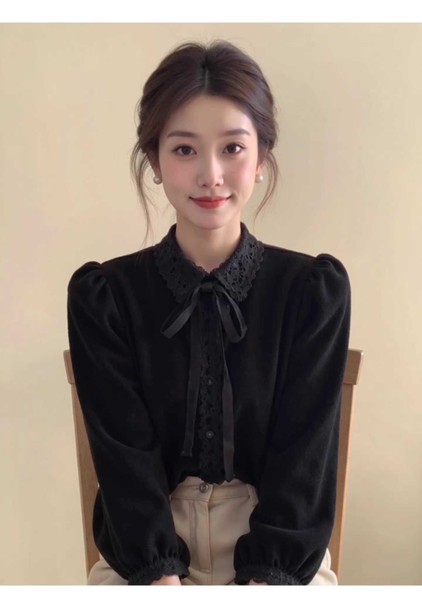 프랑스식 그는 벤 바람 검정색 레이스 레이스 거품 소매 벨벳 셔츠 25 겨울 여성 의류 고유 한 아름다운 인사이드 잡아라. 의류 상세 이미지 1