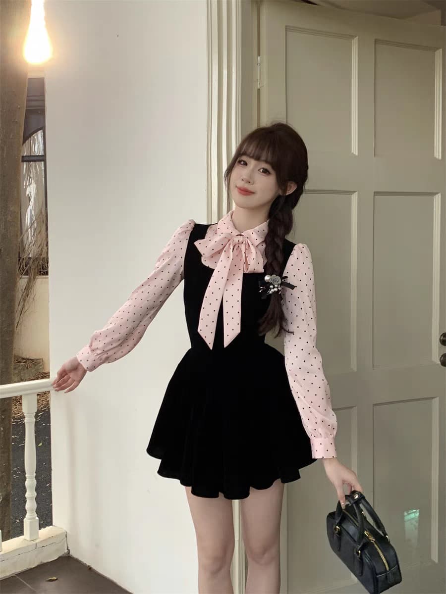 기타 한 작은 물고기 벨벳 블랙 숙련 된 프랑스식 드레스 부유 한 가족 천 골드 고급 센스 가을 도트 무늬 페이크 레이어드 치마 상세 이미지 3