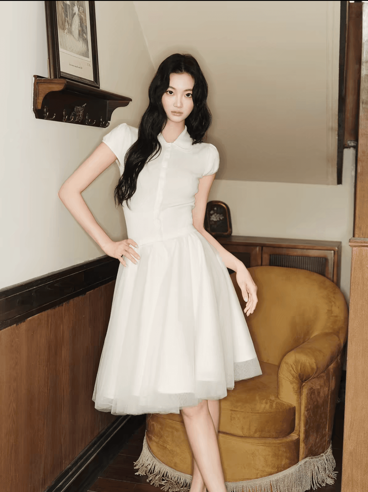 avenement 베이비 칼라 반팔 니트 주간 실크 양모 혼방 거품 소매 반팔 miu 첨부 된 의류 티셔츠 여성 이미지 3