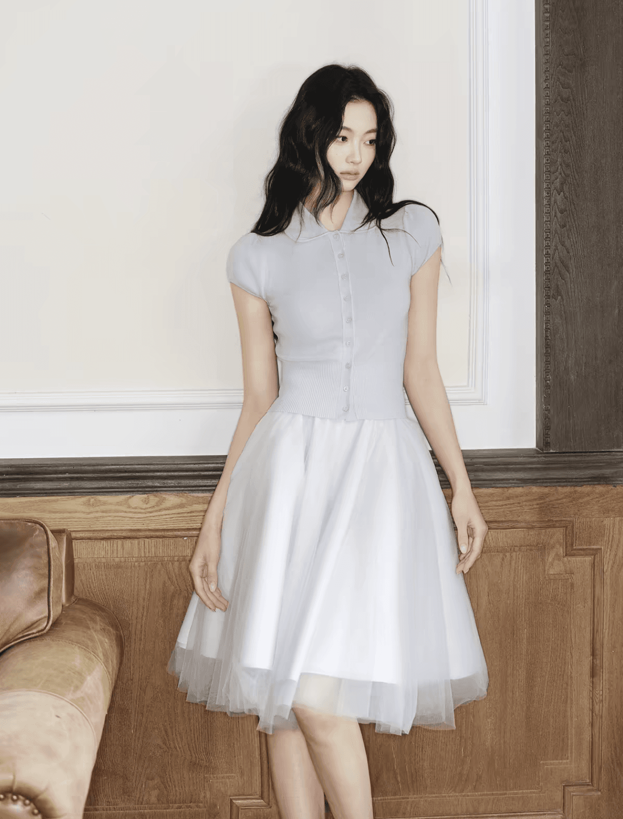 avenement 베이비 칼라 반팔 니트 주간 실크 양모 혼방 거품 소매 반팔 miu 첨부 된 의류 티셔츠 여성 상세 이미지 1