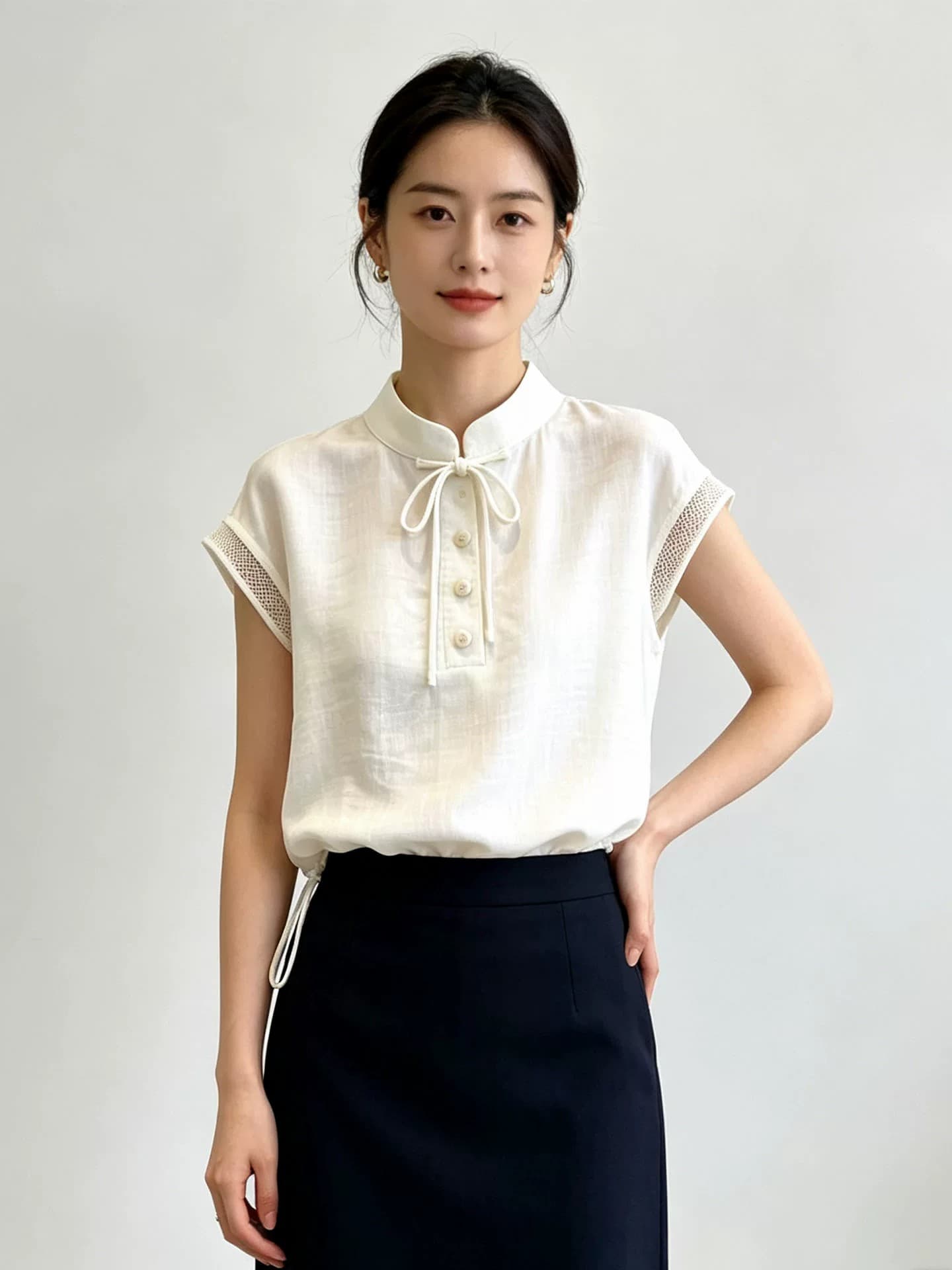 원 웨이 새로운 중식 레이스업 스탠드 칼라 맨위 여성 여름 2026 새로운 망사 패치워크 밑단 펌프 로프 품격 셔츠 이미지 3