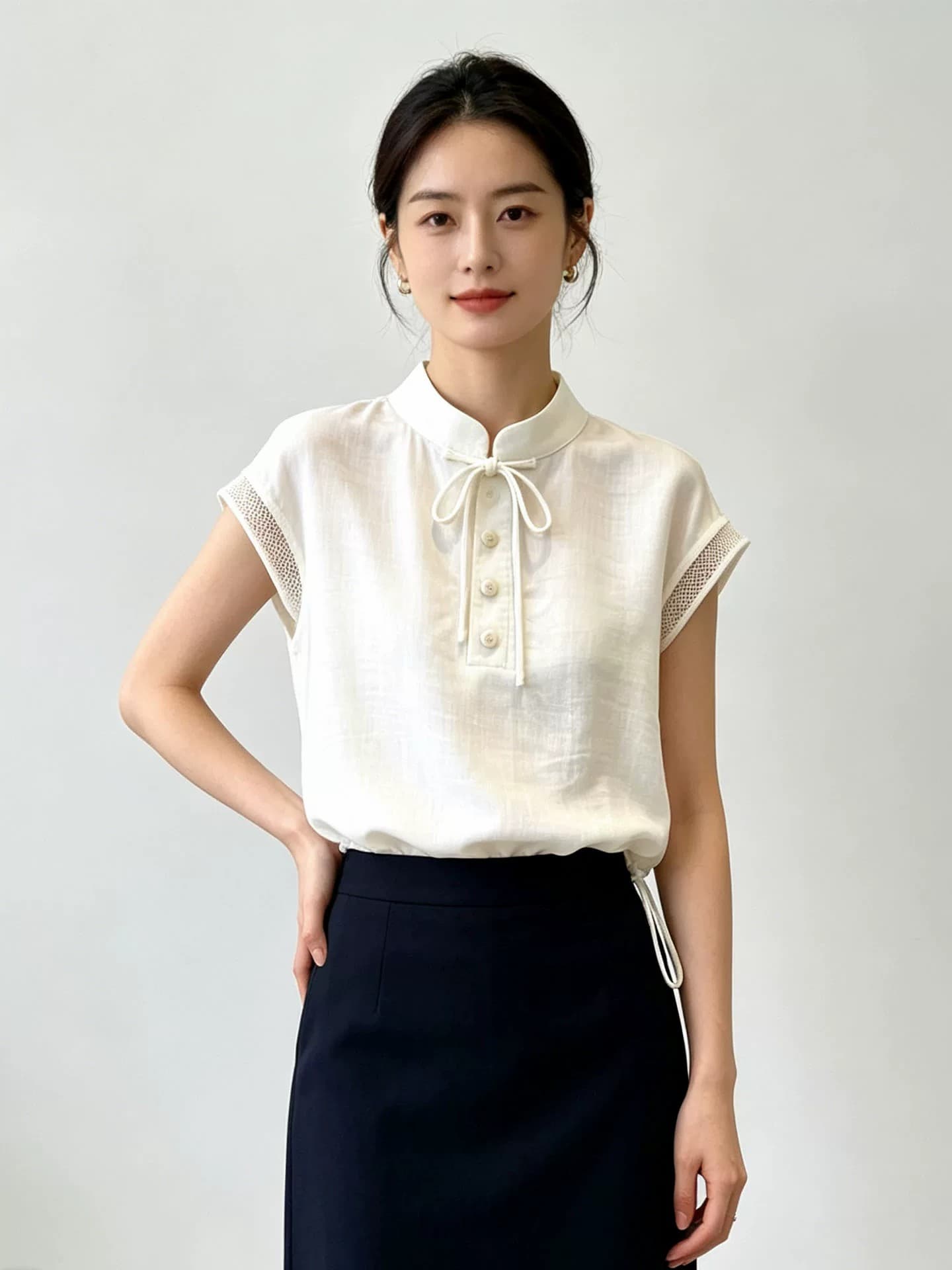 원 웨이 새로운 중식 레이스업 스탠드 칼라 맨위 여성 여름 2026 새로운 망사 패치워크 밑단 펌프 로프 품격 셔츠 상세 이미지 1