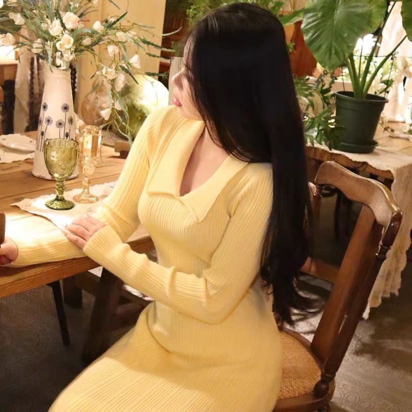 한국 품격 명문 여성 홍콩 스타일 레트로 작은 샤넬 스타일 polo 폴로 칼라 황색 니트 스웨터 드레스 가을 겨울 롱 스커트 이미지 2