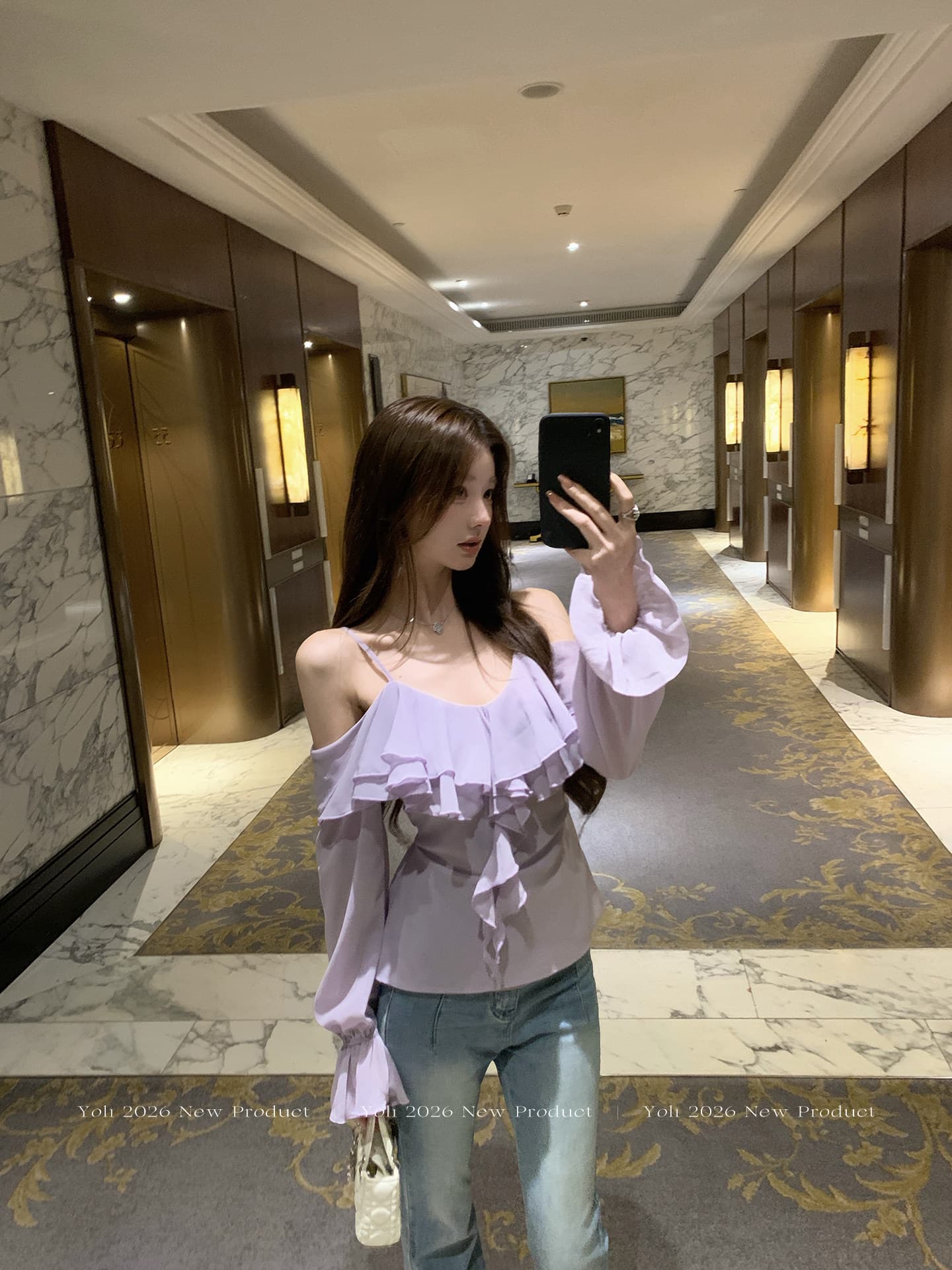 원본 원료 낭만주의 시적인 보라색 V넥 프릴 시폰 셔츠 여성 가을 미니멀리즘 품격 오프숄더 맨위 상세 이미지 1