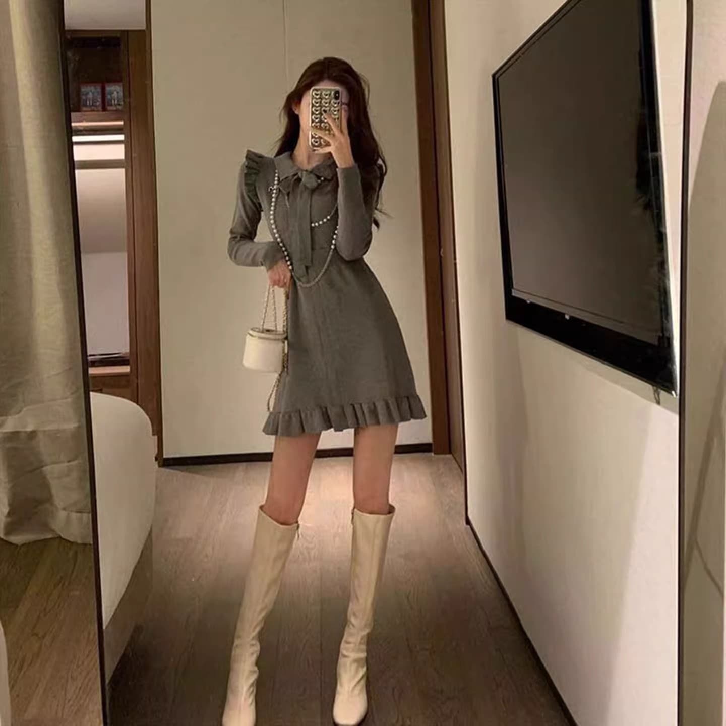 한국 품격 부드러운 숙녀 홍콩 스타일 작은 샤넬 스타일 레이스업 스트랩 나비 매듭 POLO 칼라 니트 스웨터 드레스 이미지 4