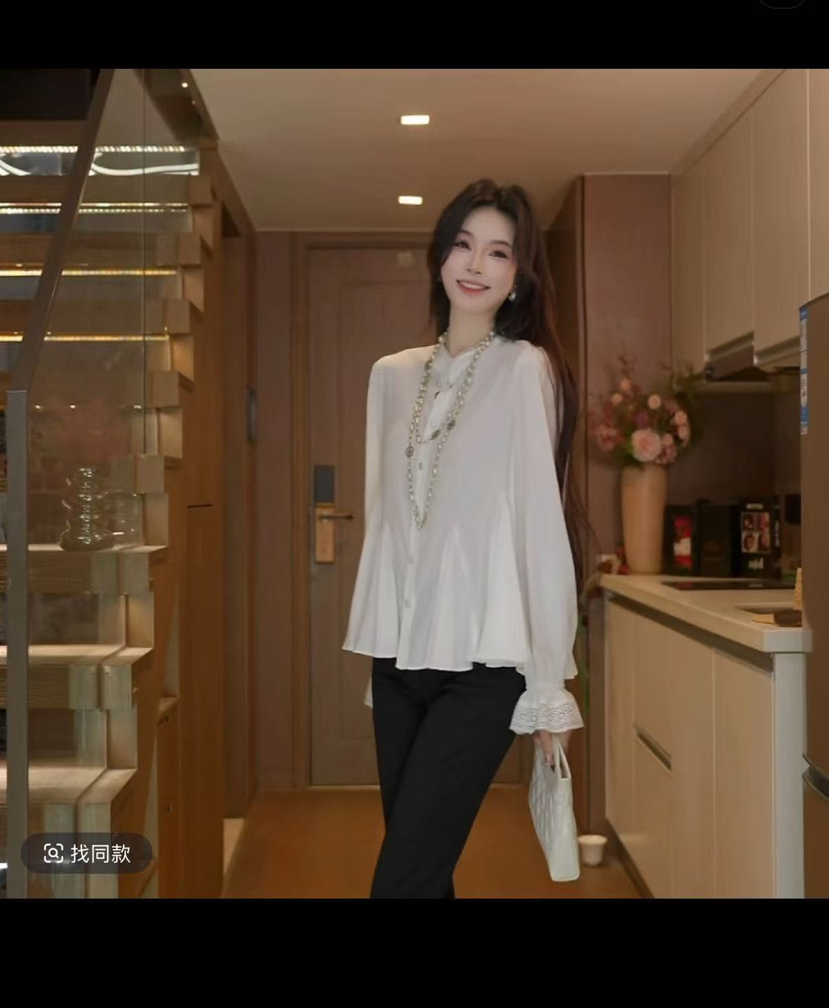 레이 레이 소나무 바늘 ~ 중 아로마 스탠드 칼라 셔츠 화이트 벌룬 소매 루즈핏 품격 셔츠 상세 이미지 2