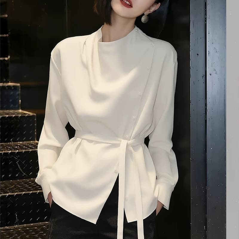 아름다운 다용도 허리 수축 베이지 색 여성 셔츠 봄 2026 년 새로운 외국 가스 연령 감소 작은 셔츠 고급 센스 셔츠 이미지 3