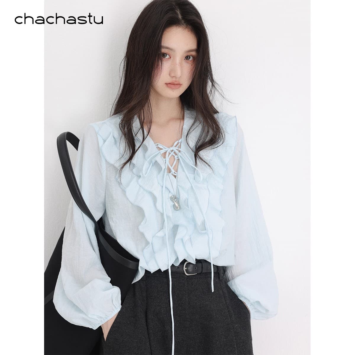 chachastu 프랑스식 이른 가을 분위기 센스 핑크색 프릴 맨위 여성 이른 가을 고급 센스 긴팔 V 넥 셔츠 상세 이미지 3